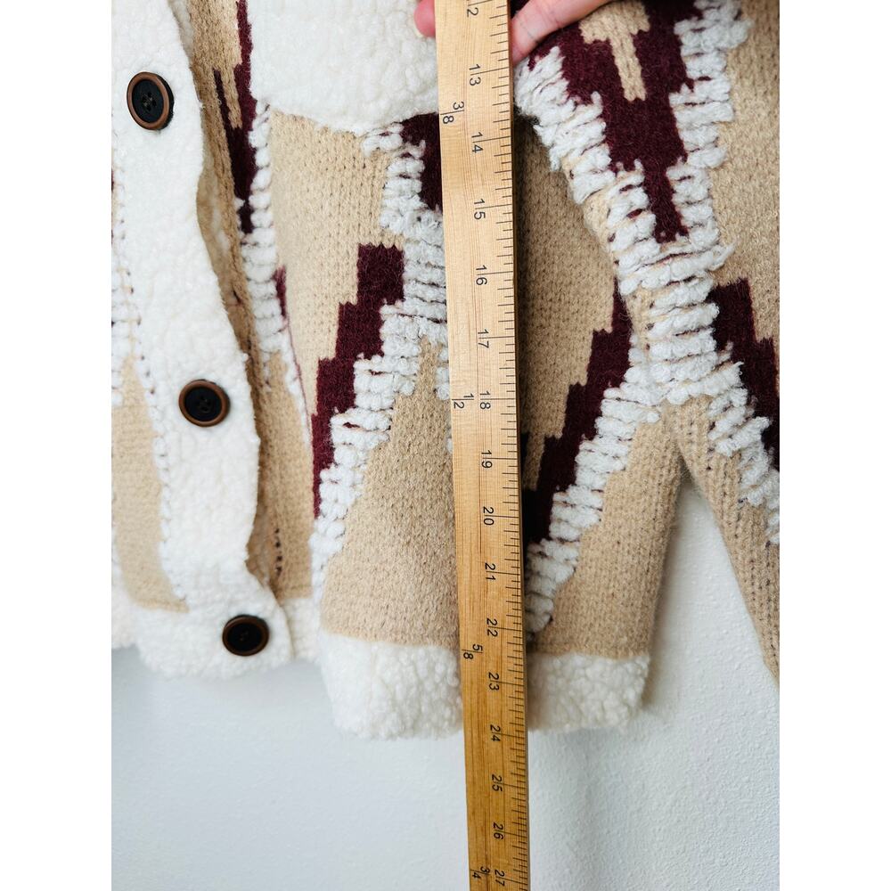 a. peach Tan Ivory Burgundy Southwest Print Button Collared Sweater Jacket S - Picture 12 of 13